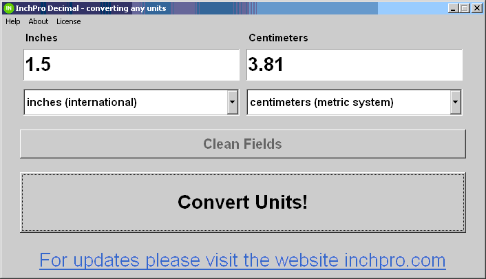 InchPro Decimal - Result conversion 1.5 inches to cm (OS Windows)