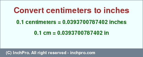 Result converting 0.1 centimeters to inches = 0.0393700787402 inches