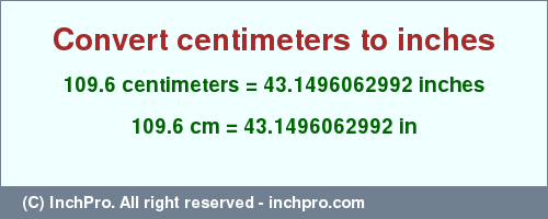 Result converting 109.6 centimeters to inches = 43.1496062992 inches