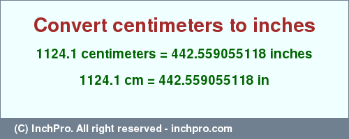 Result converting 1124.1 centimeters to inches = 442.559055118 inches
