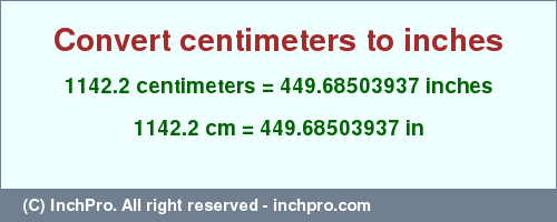 Result converting 1142.2 centimeters to inches = 449.68503937 inches