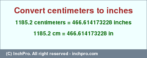 Result converting 1185.2 centimeters to inches = 466.614173228 inches