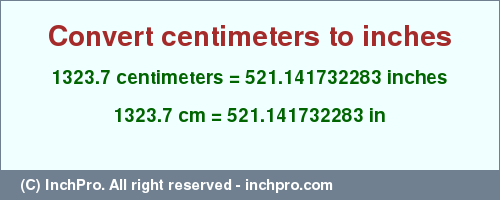 Result converting 1323.7 centimeters to inches = 521.141732283 inches