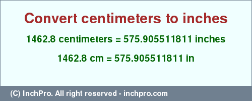 Result converting 1462.8 centimeters to inches = 575.905511811 inches