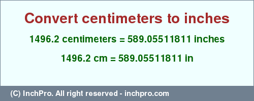 Result converting 1496.2 centimeters to inches = 589.05511811 inches