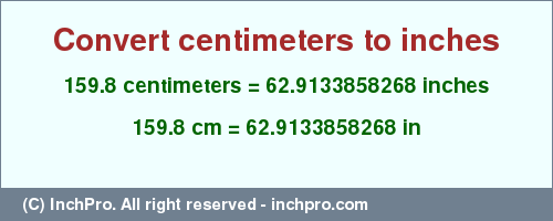 Result converting 159.8 centimeters to inches = 62.9133858268 inches