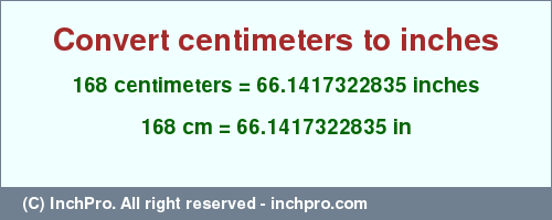 Result converting 168 centimeters to inches = 66.1417322835 inches