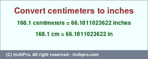 Result converting 168.1 centimeters to inches = 66.1811023622 inches