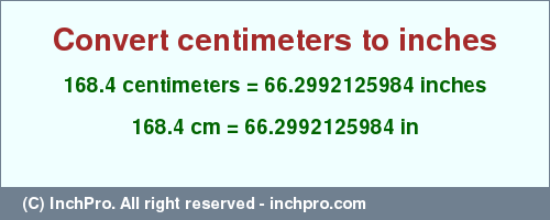 Result converting 168.4 centimeters to inches = 66.2992125984 inches