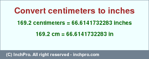 Result converting 169.2 centimeters to inches = 66.6141732283 inches