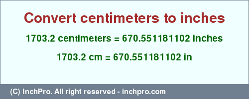 Result converting 1703.2 centimeters to inches = 670.551181102 inches