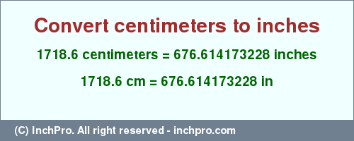 Result converting 1718.6 centimeters to inches = 676.614173228 inches