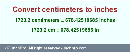 Result converting 1723.2 centimeters to inches = 678.42519685 inches