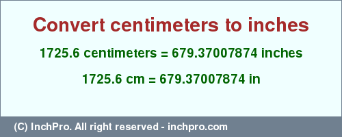 Result converting 1725.6 centimeters to inches = 679.37007874 inches