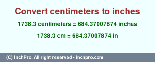 Result converting 1738.3 centimeters to inches = 684.37007874 inches