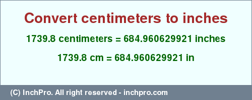 Result converting 1739.8 centimeters to inches = 684.960629921 inches