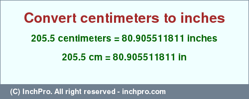 Result converting 205.5 centimeters to inches = 80.905511811 inches