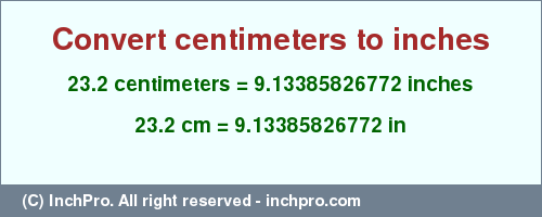 Result converting 23.2 centimeters to inches = 9.13385826772 inches