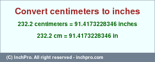 Result converting 232.2 centimeters to inches = 91.4173228346 inches