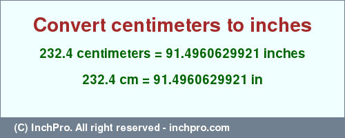 Result converting 232.4 centimeters to inches = 91.4960629921 inches
