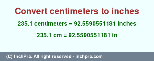 Result converting 235.1 centimeters to inches = 92.5590551181 inches