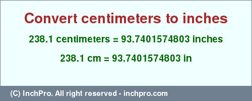 Result converting 238.1 centimeters to inches = 93.7401574803 inches