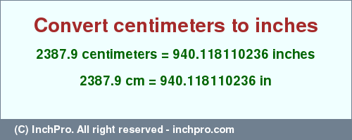 Result converting 2387.9 centimeters to inches = 940.118110236 inches