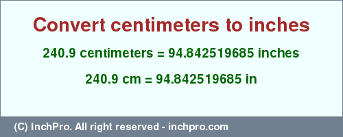 Result converting 240.9 centimeters to inches = 94.842519685 inches