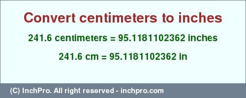 Result converting 241.6 centimeters to inches = 95.1181102362 inches