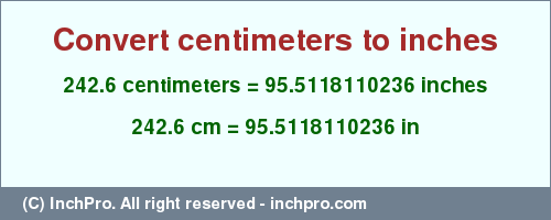 Result converting 242.6 centimeters to inches = 95.5118110236 inches