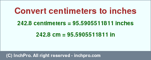 Result converting 242.8 centimeters to inches = 95.5905511811 inches