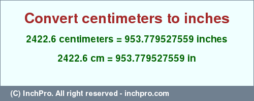 Result converting 2422.6 centimeters to inches = 953.779527559 inches