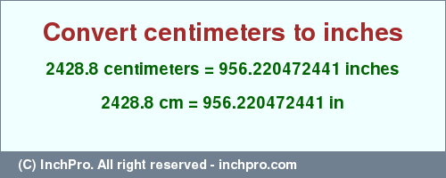 Result converting 2428.8 centimeters to inches = 956.220472441 inches