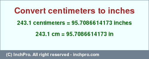 Result converting 243.1 centimeters to inches = 95.7086614173 inches