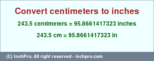 Result converting 243.5 centimeters to inches = 95.8661417323 inches