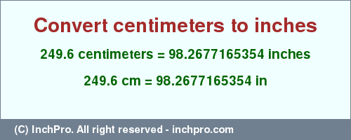 Result converting 249.6 centimeters to inches = 98.2677165354 inches