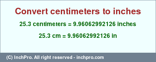 Result converting 25.3 centimeters to inches = 9.96062992126 inches