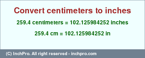 Result converting 259.4 centimeters to inches = 102.125984252 inches