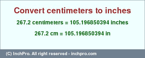 Result converting 267.2 centimeters to inches = 105.196850394 inches