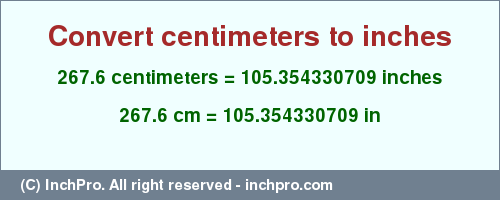 Result converting 267.6 centimeters to inches = 105.354330709 inches