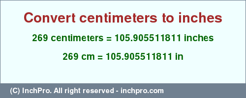 Result converting 269 centimeters to inches = 105.905511811 inches