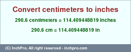 Result converting 290.6 centimeters to inches = 114.409448819 inches