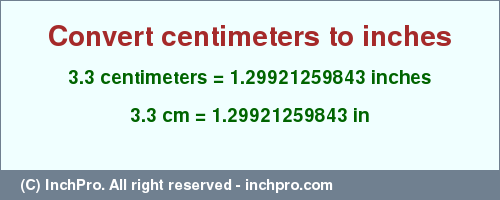Result converting 3.3 centimeters to inches = 1.29921259843 inches