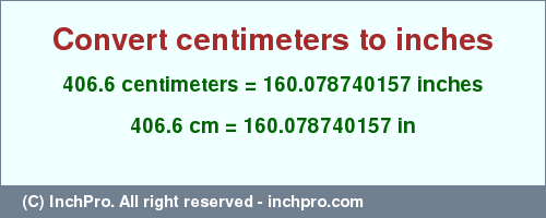 Result converting 406.6 centimeters to inches = 160.078740157 inches