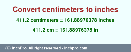 Result converting 411.2 centimeters to inches = 161.88976378 inches