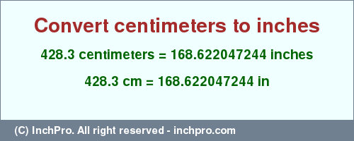 Result converting 428.3 centimeters to inches = 168.622047244 inches