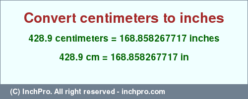 Result converting 428.9 centimeters to inches = 168.858267717 inches