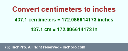 Result converting 437.1 centimeters to inches = 172.086614173 inches