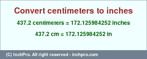 Result converting 437.2 centimeters to inches = 172.125984252 inches