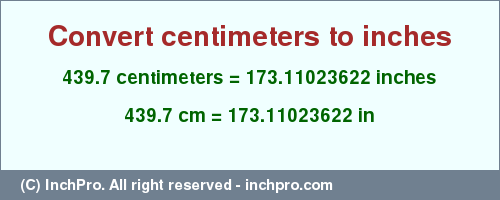 Result converting 439.7 centimeters to inches = 173.11023622 inches